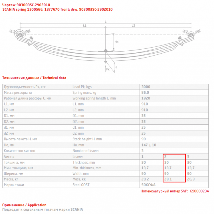 Передний подкоренной рессорный лист №2 Scania P, G, R, T series 2003- | 4-series '1994-2008 | 3-series '1987-1996 (8.5 тонн)