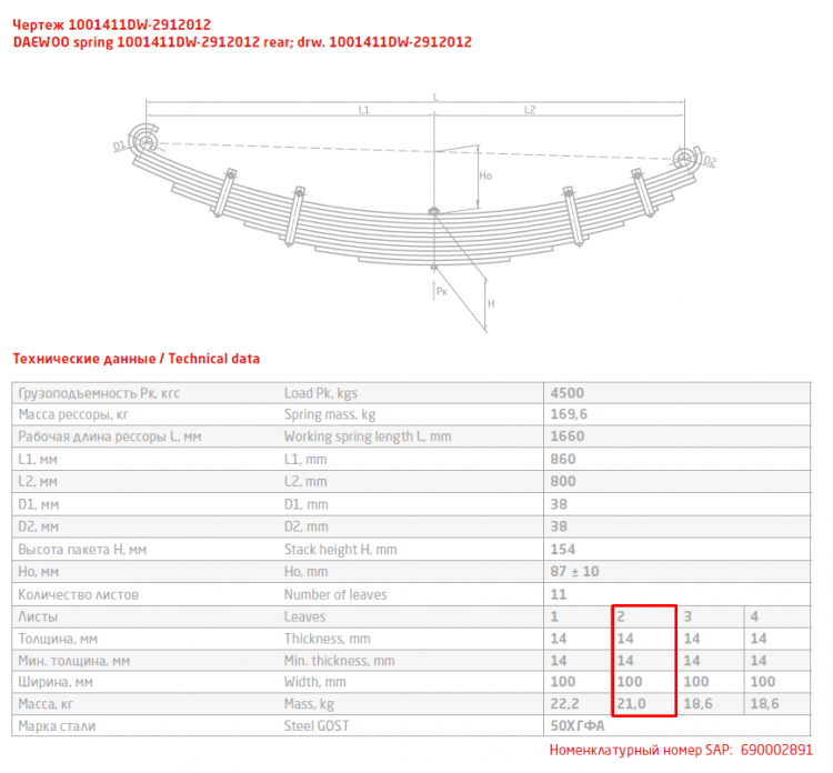 Задний подкоренной рессорный лист №2 Daewoo BS106